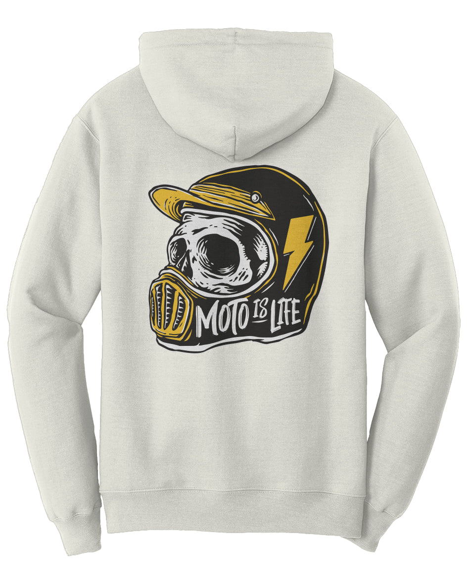 Moto is Life Solid Skull pullover hoodie, motorcycle lifestyle, moto hoodie, motocross, supermoto, skull, riders, gifts for riders, natural, off white motorcycle hoodie
