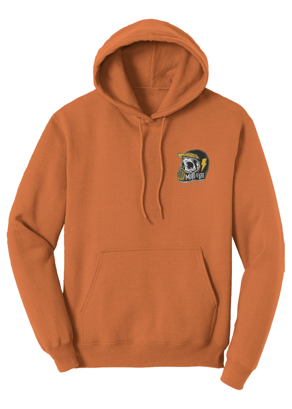 Moto is Life Solid Skull pullover hoodie, motorcycle lifestyle, moto hoodie, motocross, supermoto, skull, riders, gifts for riders, orange motorcycle hoodie