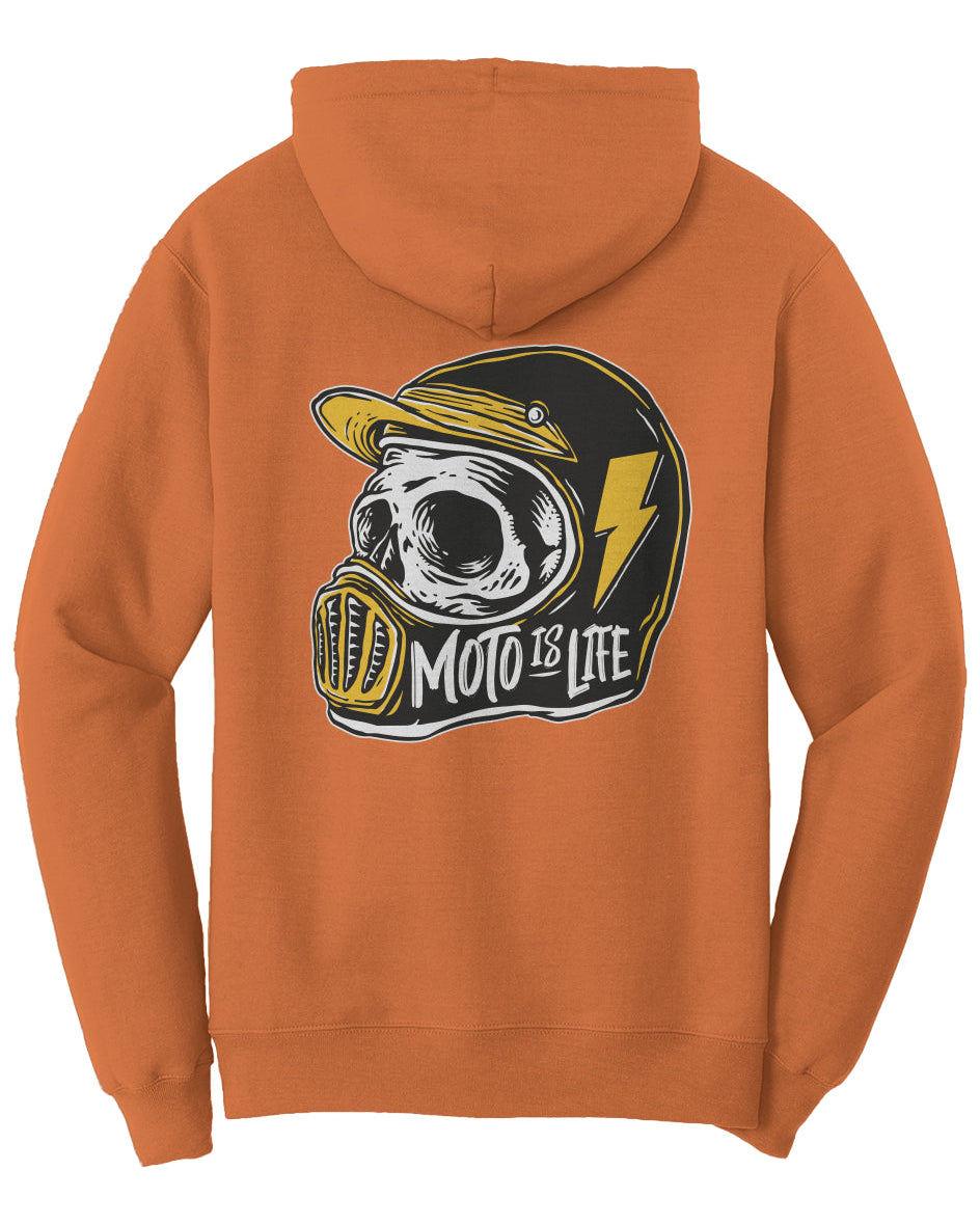 Moto is Life Solid Skull pullover hoodie, motorcycle lifestyle, moto hoodie, motocross, supermoto, skull, riders, gifts for riders, orange motorcycle hoodie back