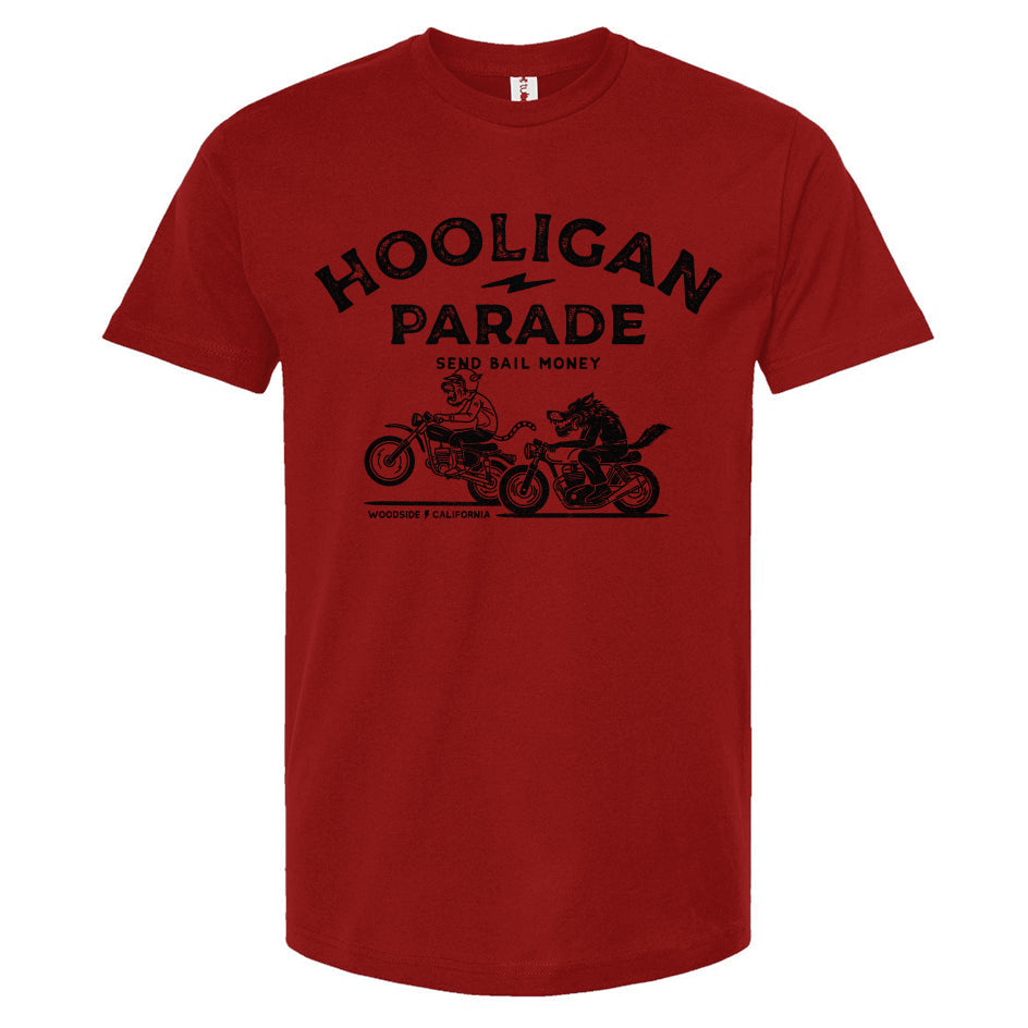 Hooligan Parade Local Animals T-Shirt in dark red, motorcycles, motorbikes, supermoto, hooligans, motorcycle shirts, motorcycle lifestyle, supermoto, san francisco, sf, california, crown moto, wheelies, stoppies, endos, burnouts, speeding, lawbreakers, bail money, street racing