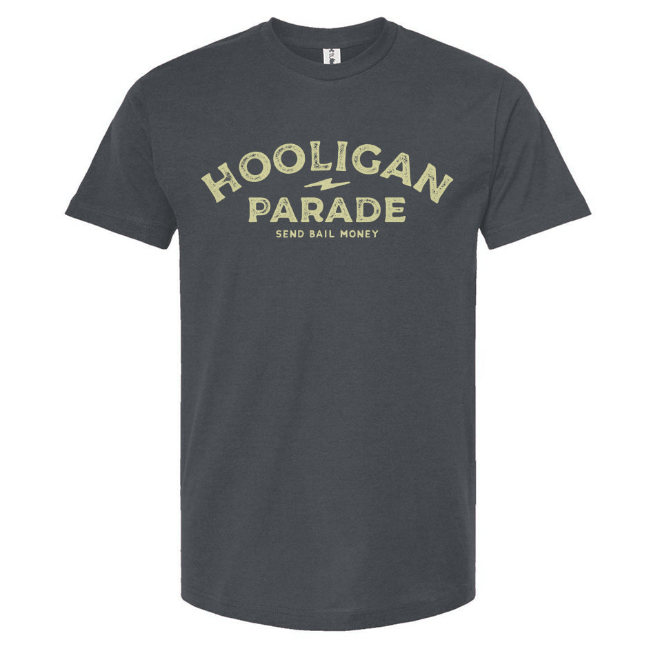 Hooligan Parade Send Bail Money denim blue t-shirt,hooligans, motorcycle shirts, motorcycle lifestyle, supermoto, san francisco, sf, california, crown moto, wheelies, stoppies, endos, burnouts, speeding, lawbreakers, bail money