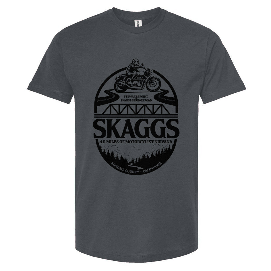 Skaggs Unisex motorcycle t-shirt, sonoma county, sonoma coast, skaggs springs road, stewarts point, motorcycle roads, riding roads, great rides, motorbikes, motorcycles, motorcycle lifestyle, motorcycle shirts, original design