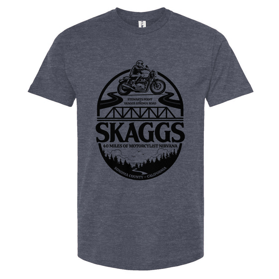 Skaggs Unisex motorcycle t-shirt, sonoma county, sonoma coast, skaggs springs road, stewarts point, motorcycle roads, riding roads, great rides, motorbikes, motorcycles, motorcycle lifestyle, motorcycle shirts, original design, local riders