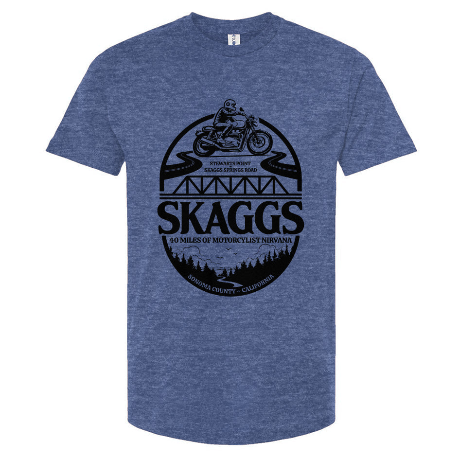 Skaggs Unisex motorcycle t-shirt, sonoma county, sonoma coast, skaggs springs road, stewarts point, motorcycle roads, riding roads, great rides, motorbikes, motorcycles, motorcycle lifestyle, motorcycle shirts, original design, heathered
