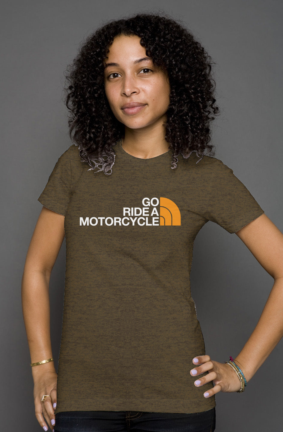 Woman wearing a brown t-shirt with 'Go Ride a Motorcycle' text parody logo