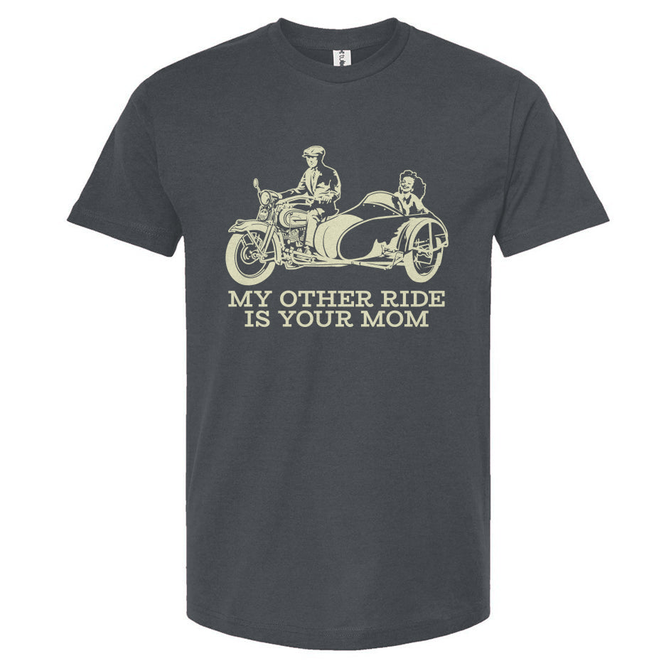 Gray t-shirt with motorcycle graphic and text on a white background