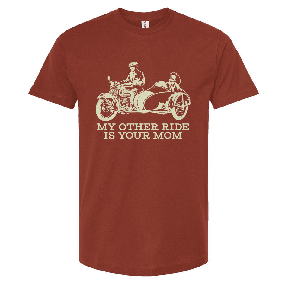Red t-shirt with a graphic of a motorcycle and sidecar, and text 'My other ride is your mom' on a white background.