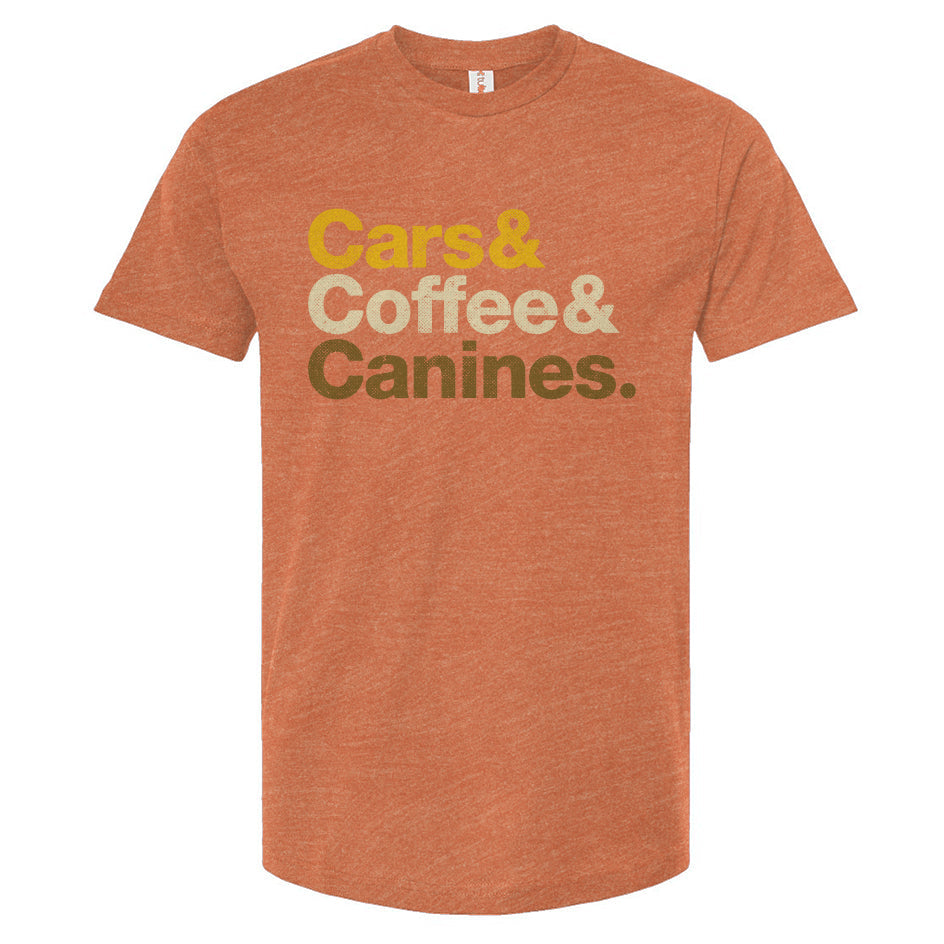 Orange t-shirt with 'Cars & Coffee & Canines' text on a white background