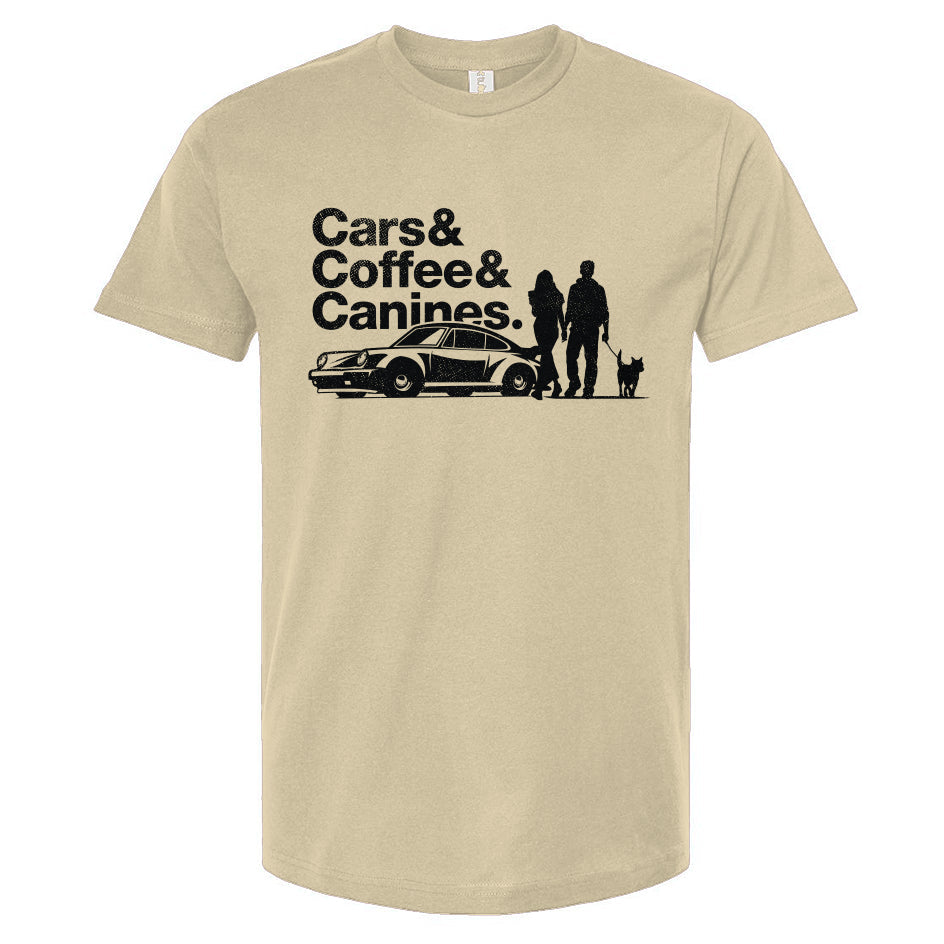 Off White t-shirt with black graphic and text 'Cars & Coffee & Canines' on a white background