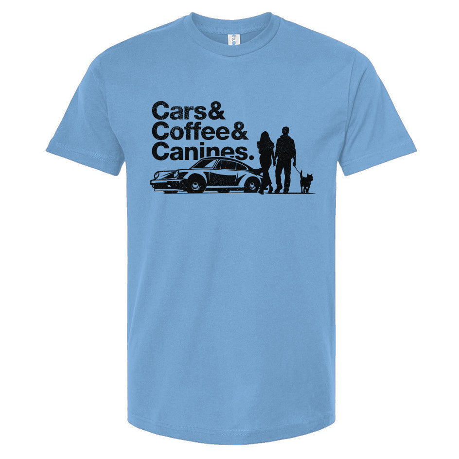 Light blue t-shirt with black text and graphics on a white background