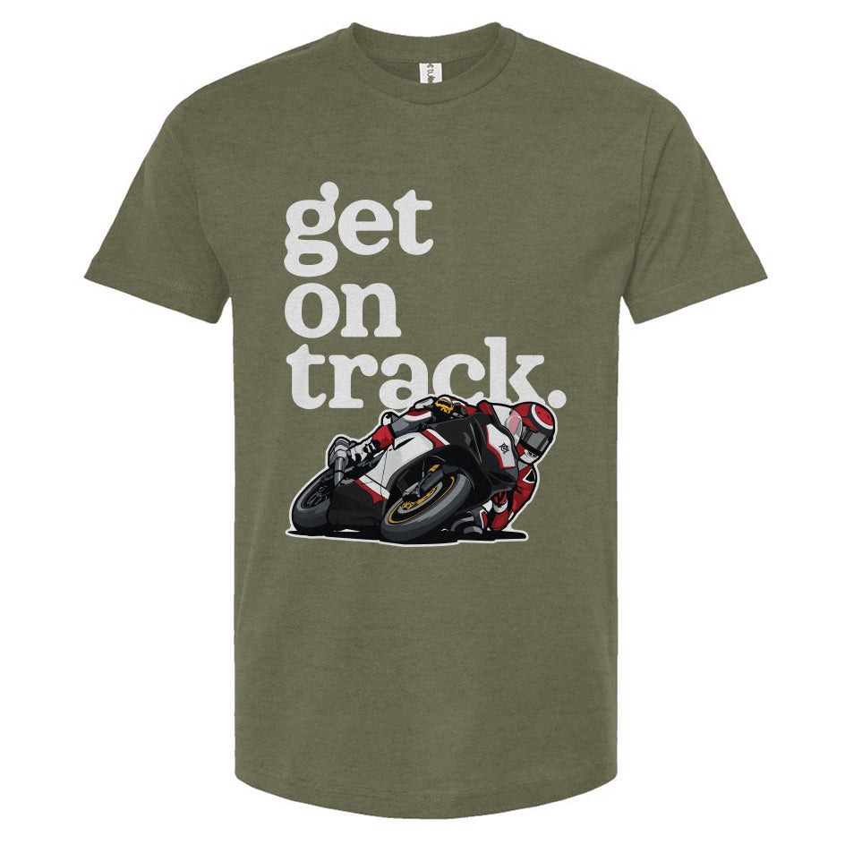 Green t-shirt with a motorcycle graphic and 'get on track' text on a white background