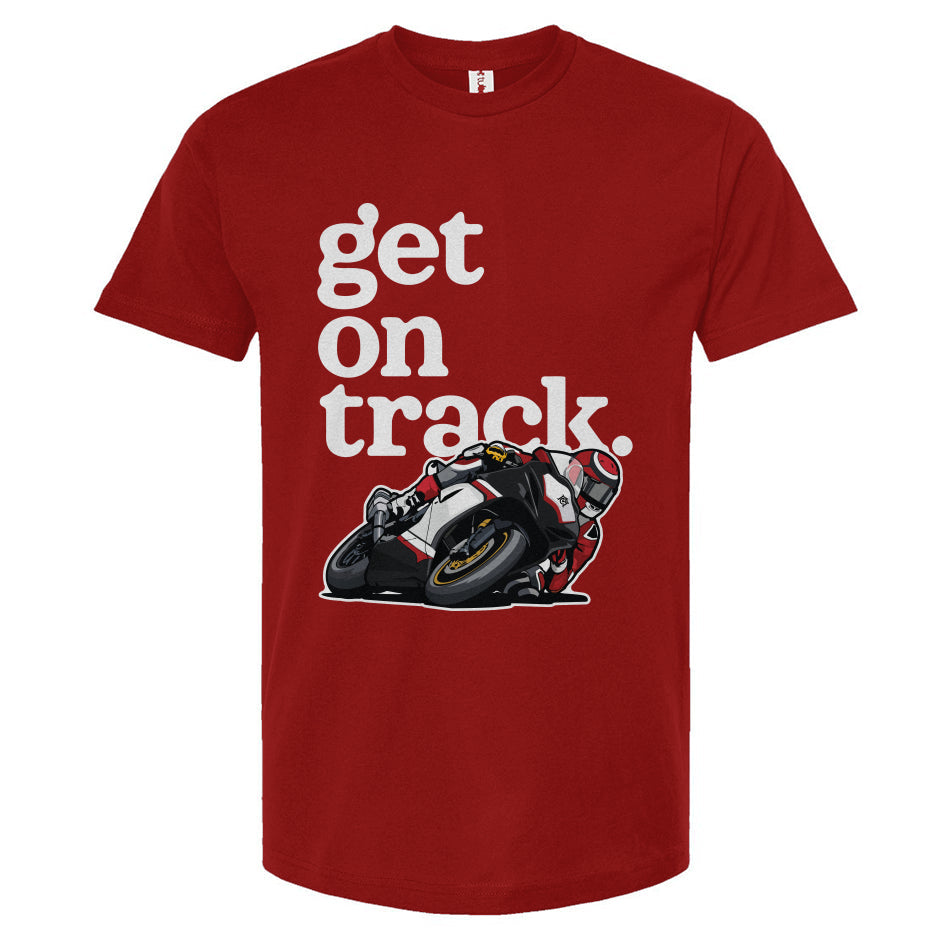 Red t-shirt with a motorcycle graphic and 'get on track' text on a white background