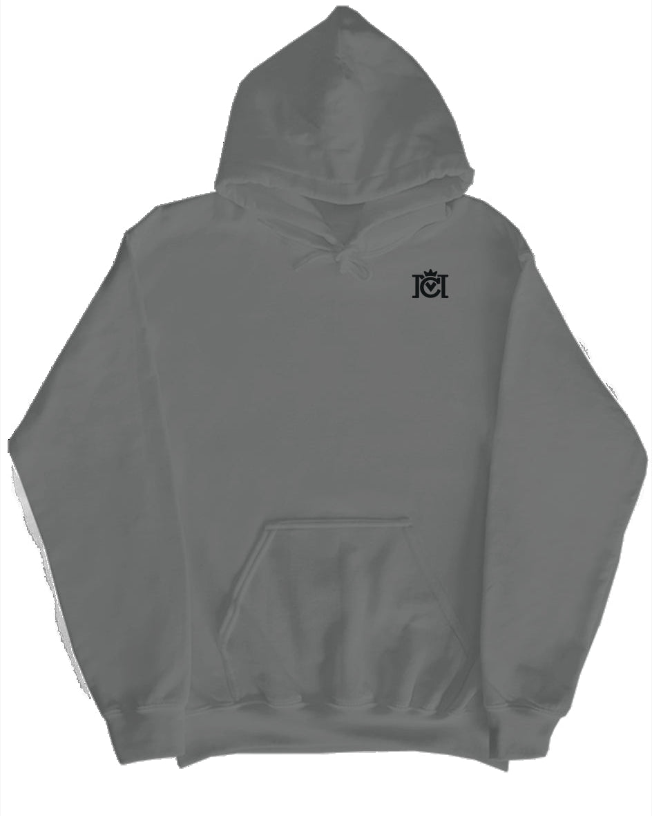 Gray hoodie with a small black Crown Moto embroidered logo on a white background