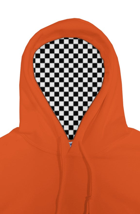Orange hoodie with a checkered pattern inside the hood on a white background