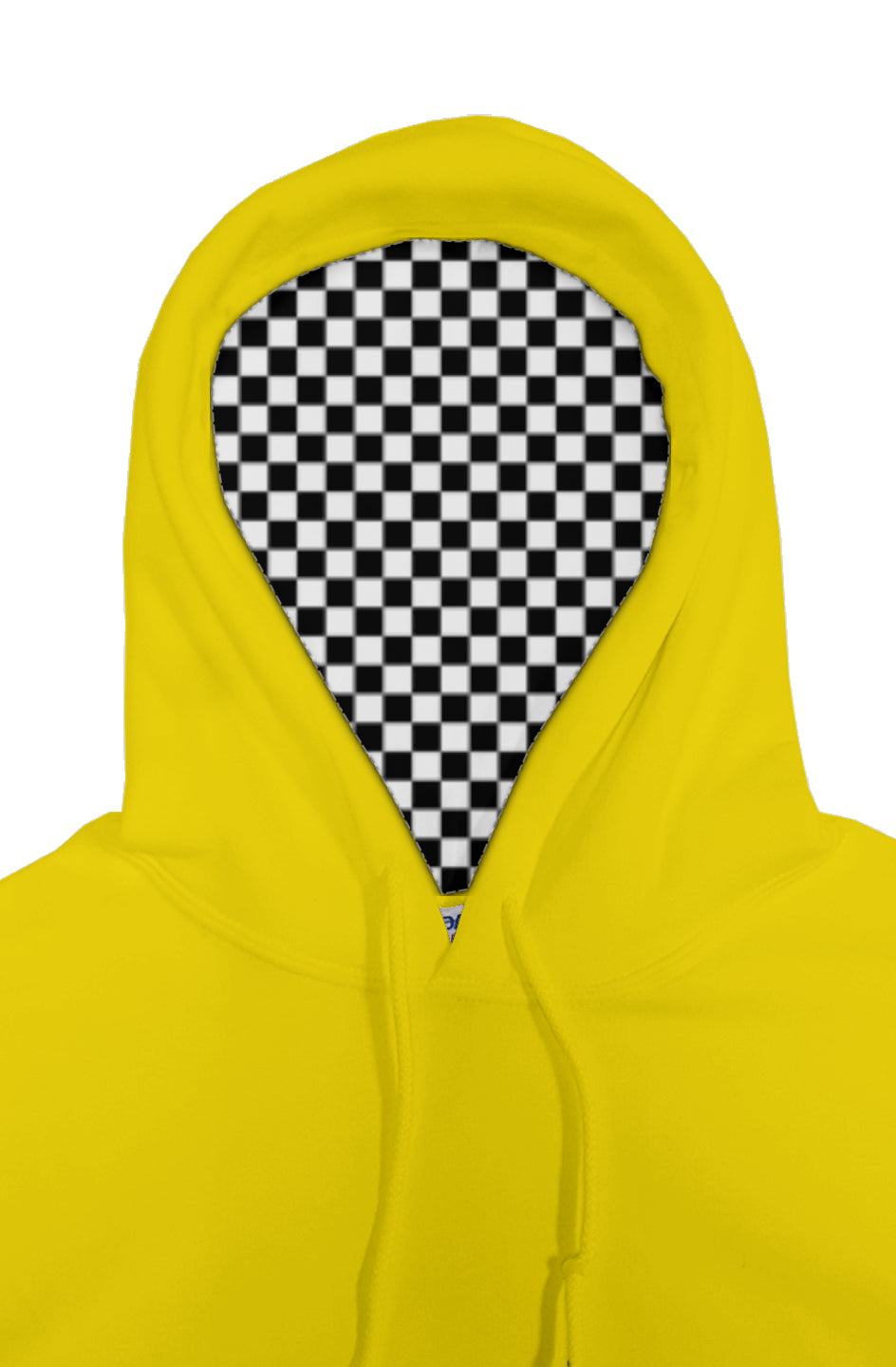 Yellow hoodie with a checkered face design on a white background