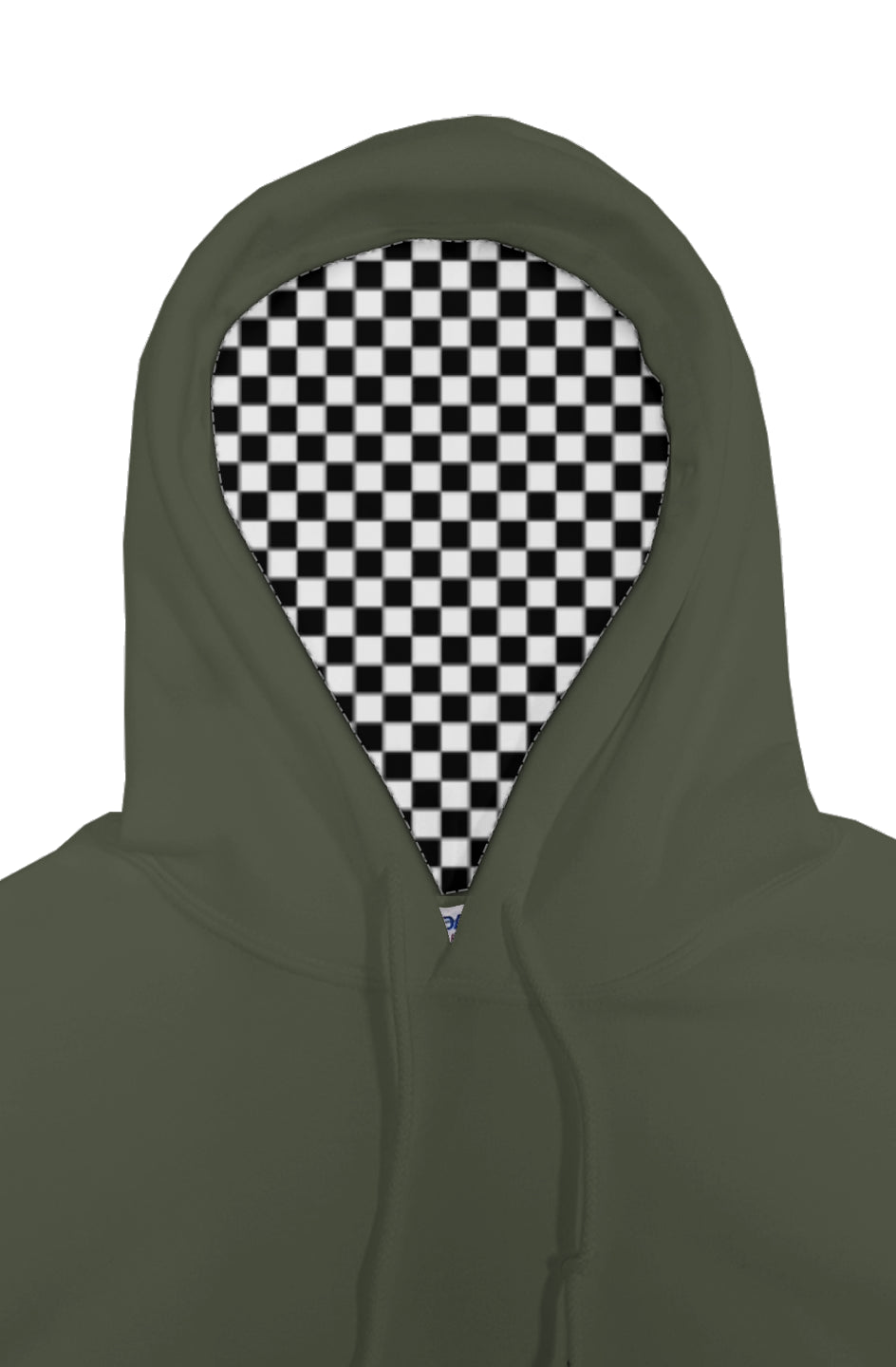 Green hoodie with a checkered pattern peeking out from under the hood on a white background