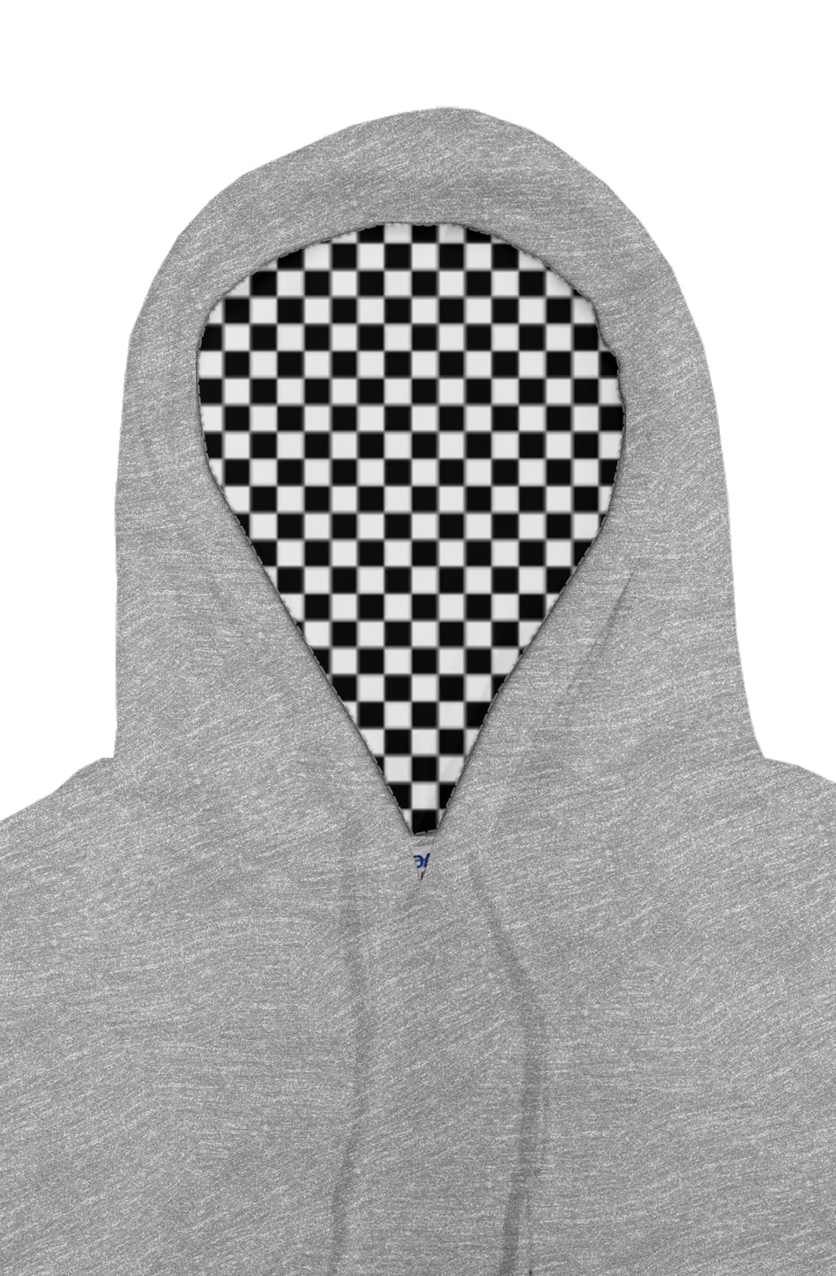 Gray hoodie with a checkered pattern hood on a white background