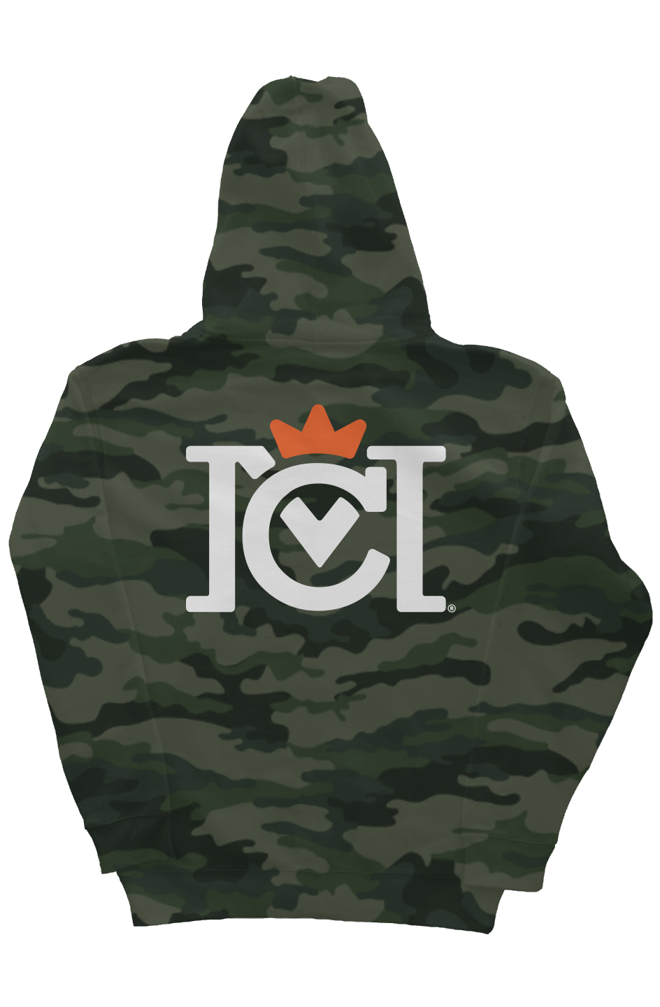 Crown Moto Logo front and back of this Camo Heavyweight Hoodie