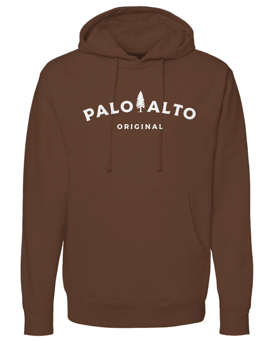 Brown hoodie with 'Palo Alto Original' text on a white background