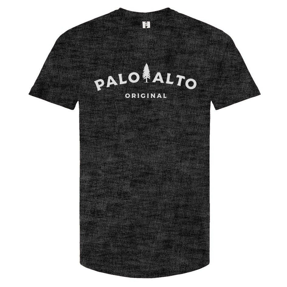 Heather charcoal t-shirt with 'Palo Alto Original' text on a white background