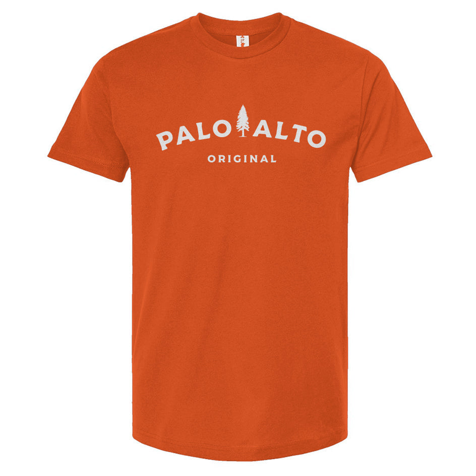 Orange t-shirt with 'Palo Alto Original' text on a white background