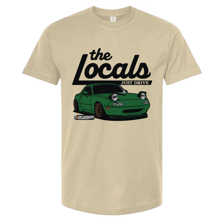 Natural colored t-shirt with a graphic of a green Mazda Miata and 'the Locals' text on a white background