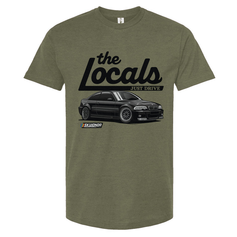 Olive green t-shirt with 'the Locals' BMW e46 design on a white background