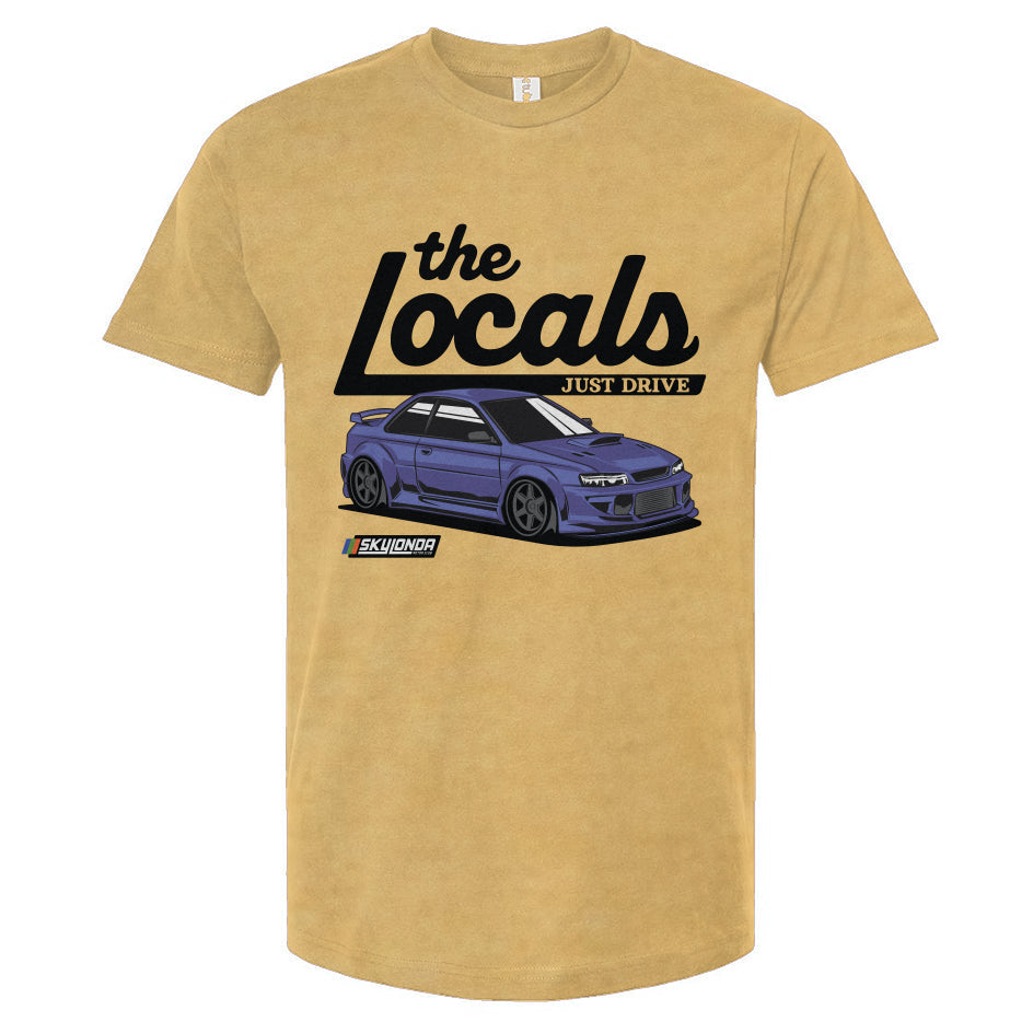 Yellow t-shirt with a graphic of a Subaru WRX and 'the Locals' text on a white background