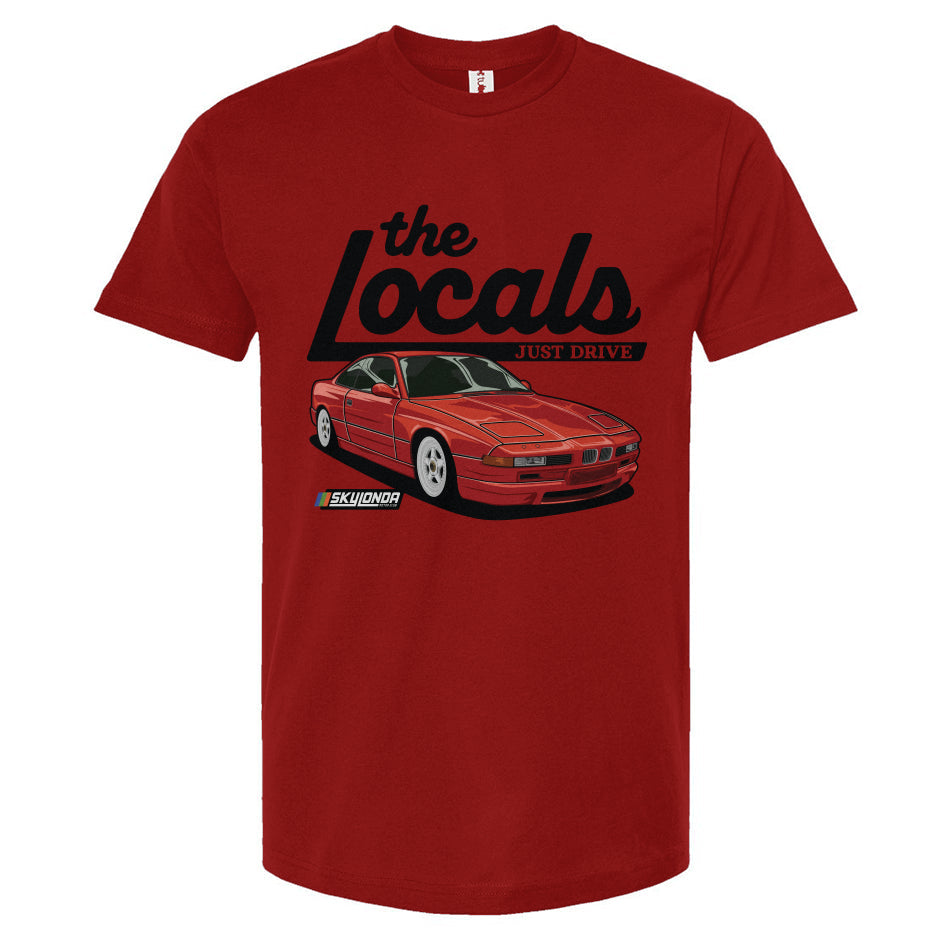 Red t-shirt with a graphic of a BMW 840i and 'the Locals' text on a white background