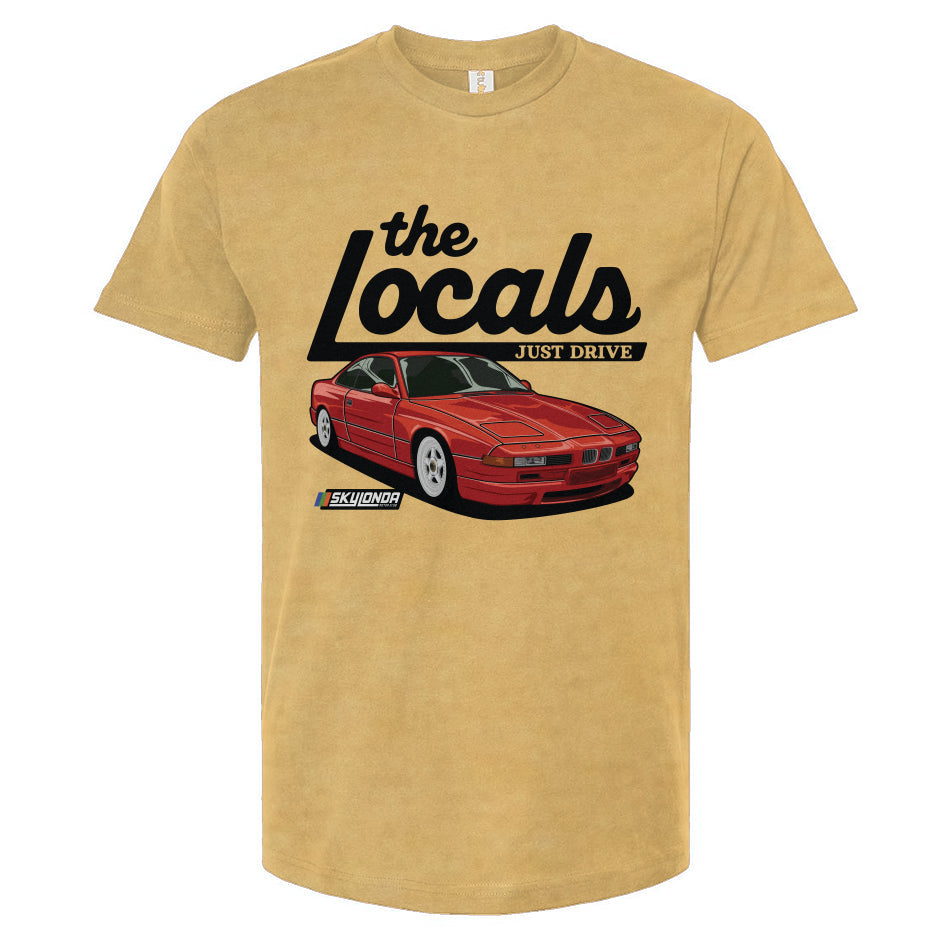 Pale yellow t-shirt with red BMW 840i and 'the Locals' text on a white background