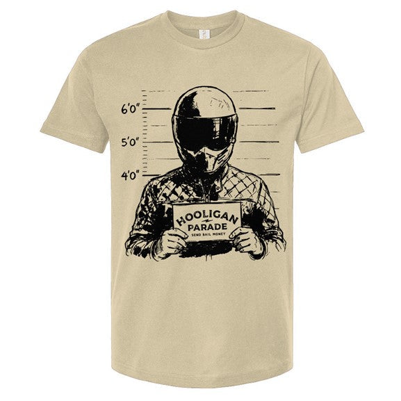 Natural t-shirt with graphic design of a person in a helmet and goggles holding a sign on a white background