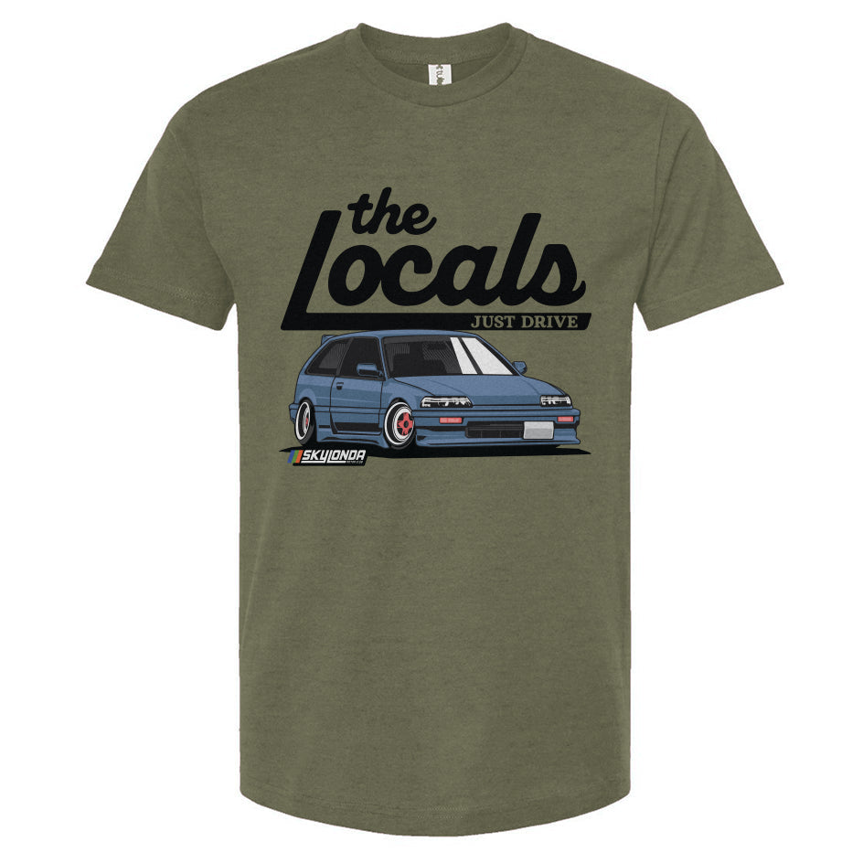 Olive green t-shirt with 'the Locals' graphic and Honda Civic illustration on a white background