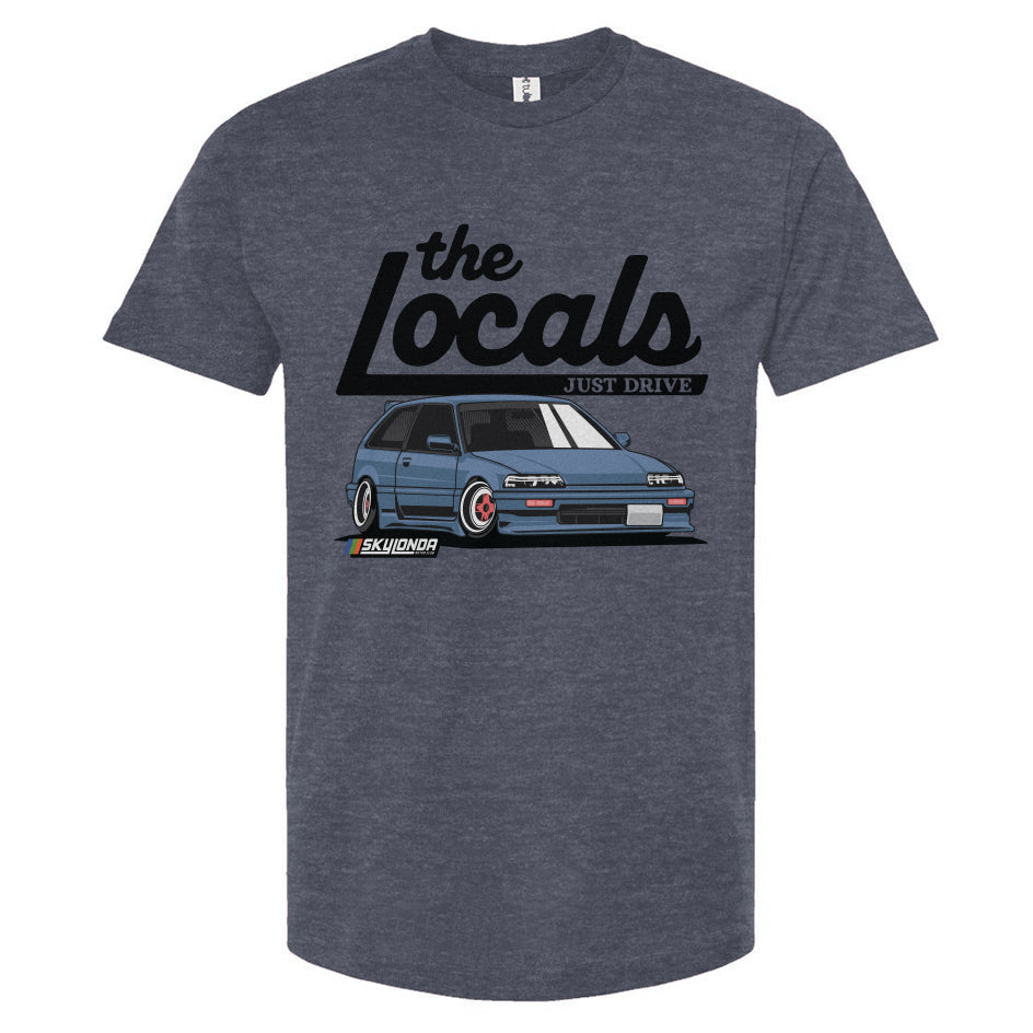Denim blue t-shirt with 'the Locals' Honda Civic design on a white background