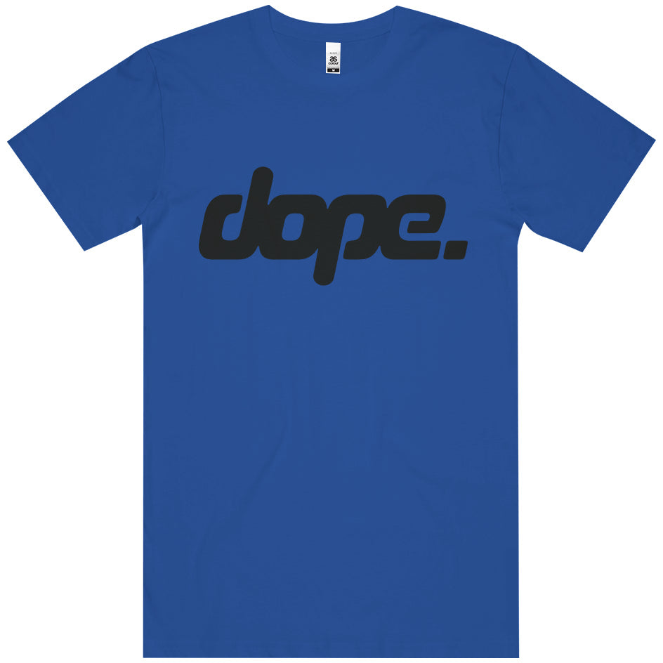 Blue t-shirt with 'dope.' text on a white background