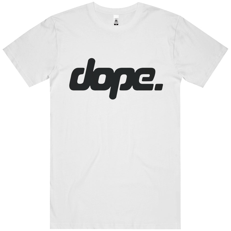 White t-shirt with 'dope.' text on a white background