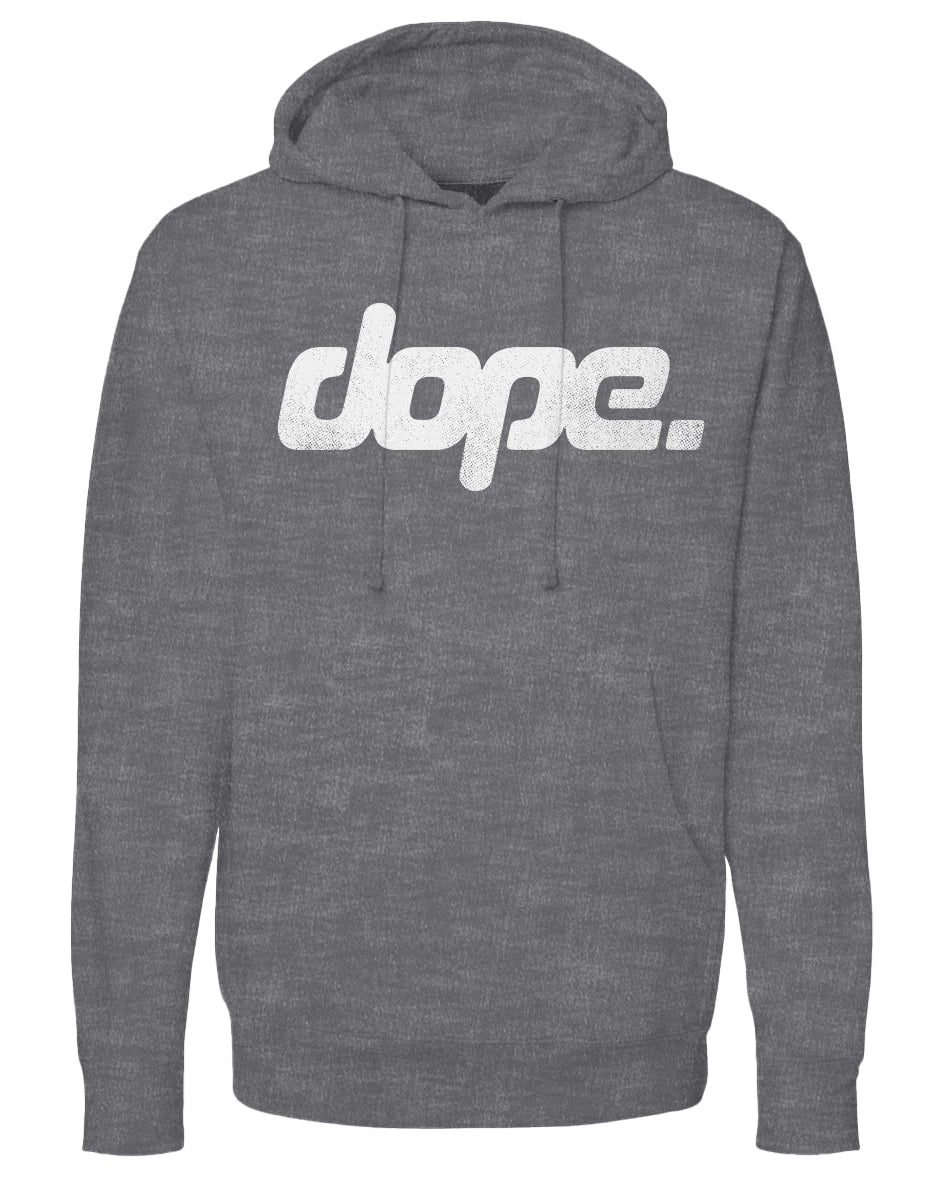 Heather Charcoal Gray hoodie with 'dope.' text on a white background