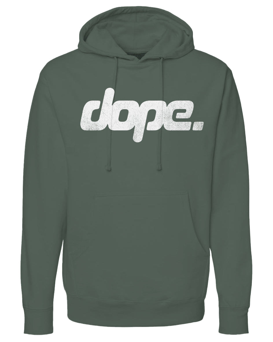 Green hoodie with 'dope.' text on a white background