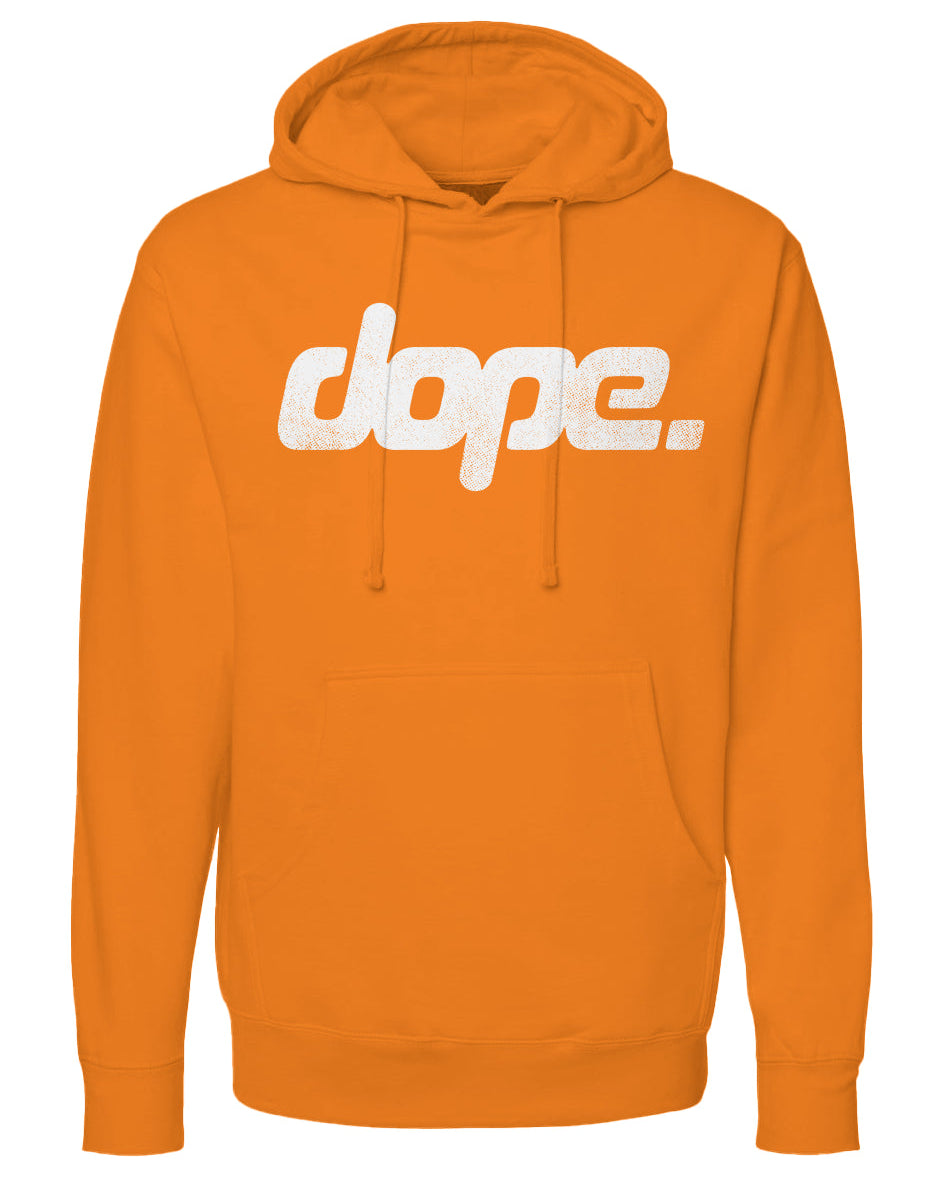 Orange hoodie with 'dope' text on a white background