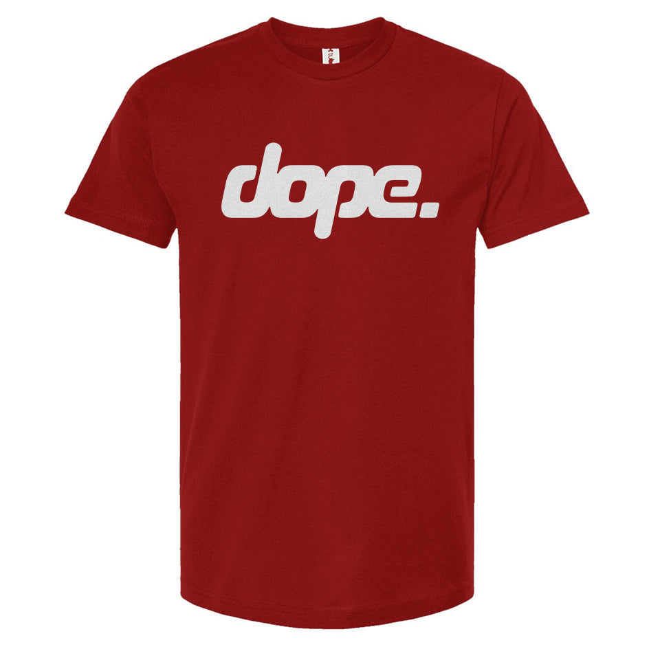 Red t-shirt with 'dope.' text on a white background