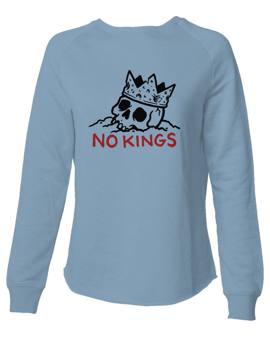 Light blue long-sleeve shirt with a skull wearing a crown and 'NO KINGS' text on a white background