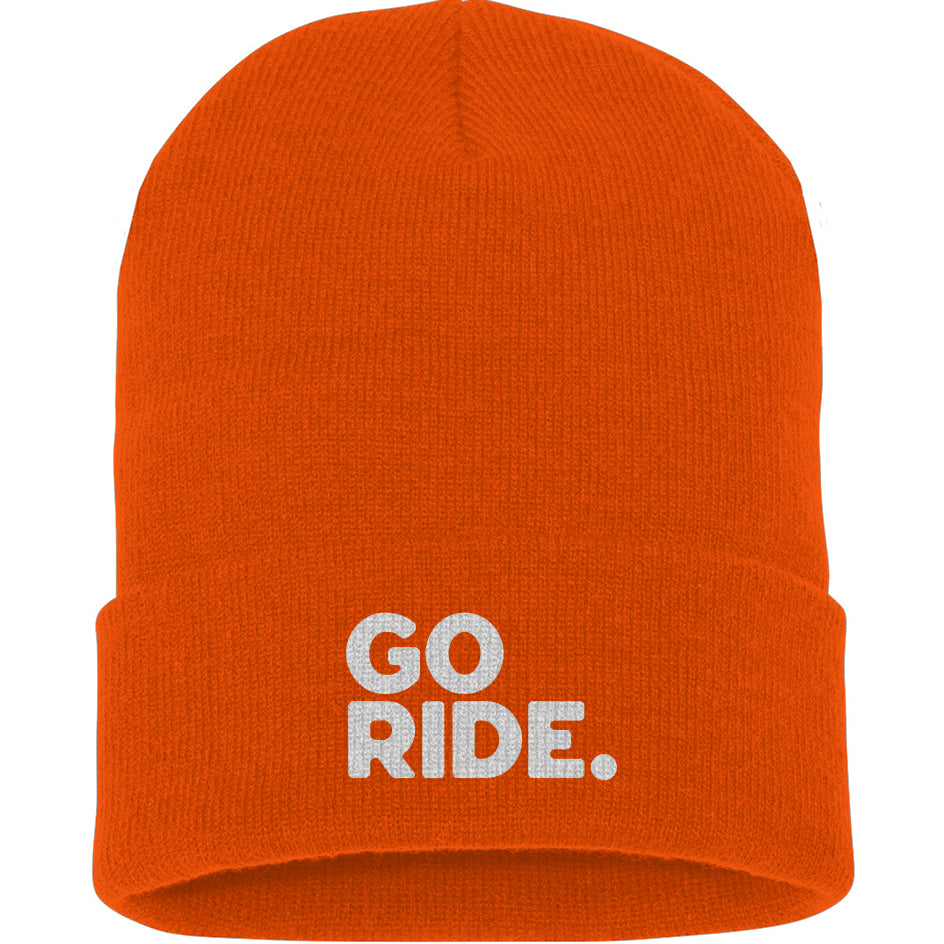 Orange beanie with 'GO RIDE.' text on a white background