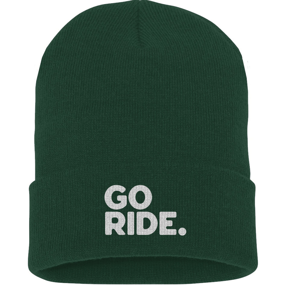 Green beanie with 'GO RIDE.' text on a white background