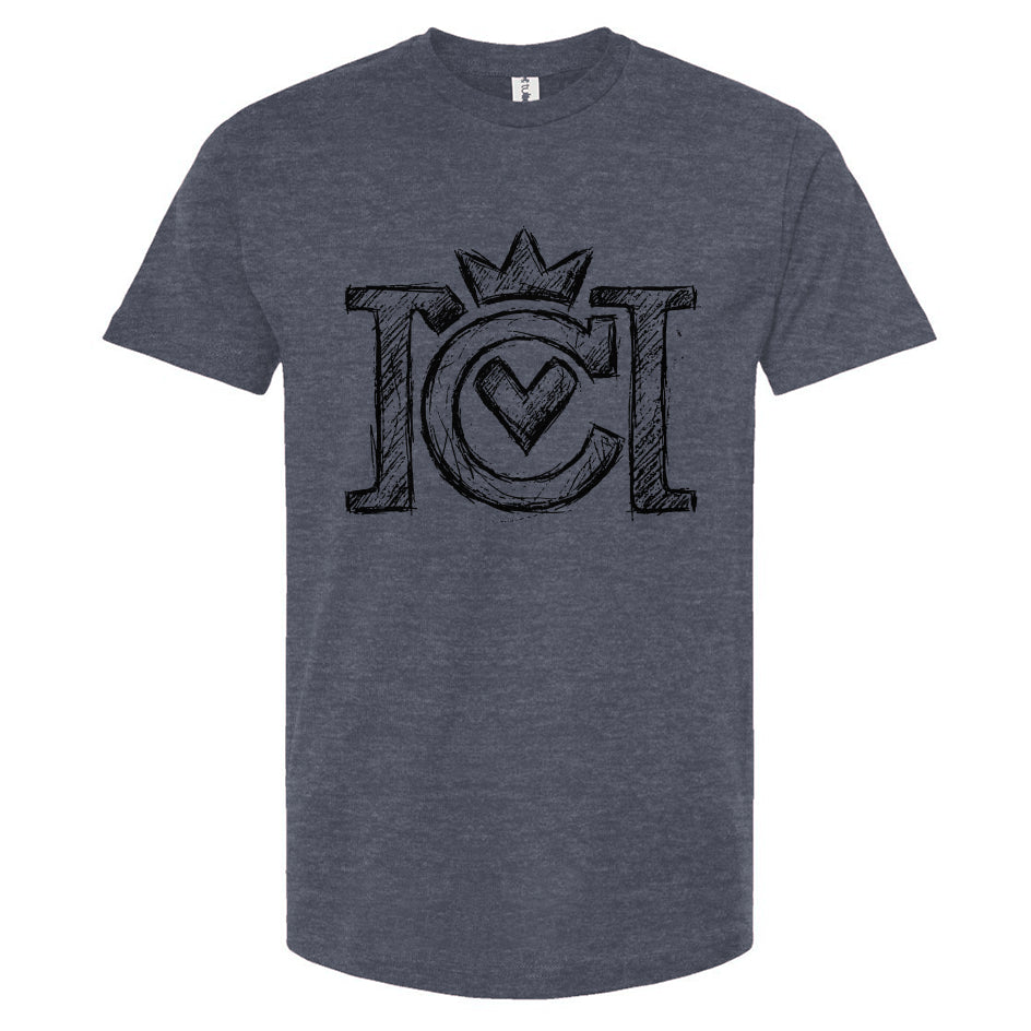 Heather denim blue t-shirt with black sketched Crown Moto logo on a white background