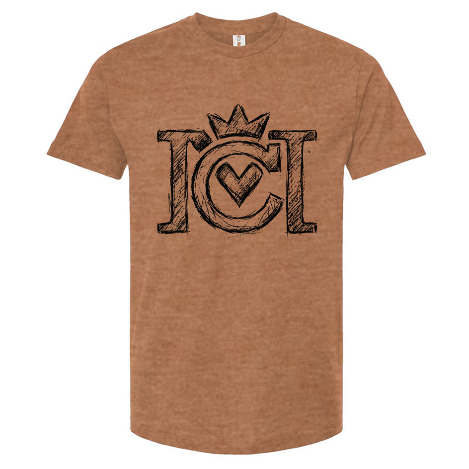 Rust colored t-shirt with black sketched Crown Moto logo on a white background