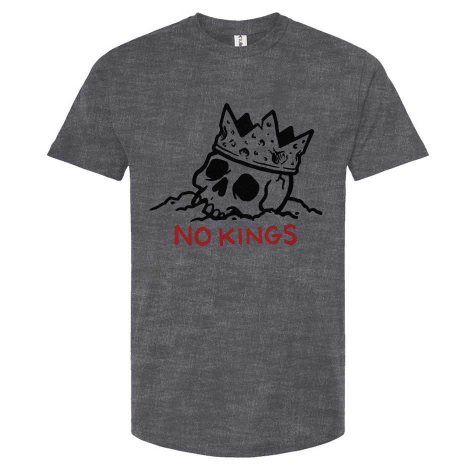 Gray t-shirt with a skull wearing a crown and 'NO KINGS' text on a white background