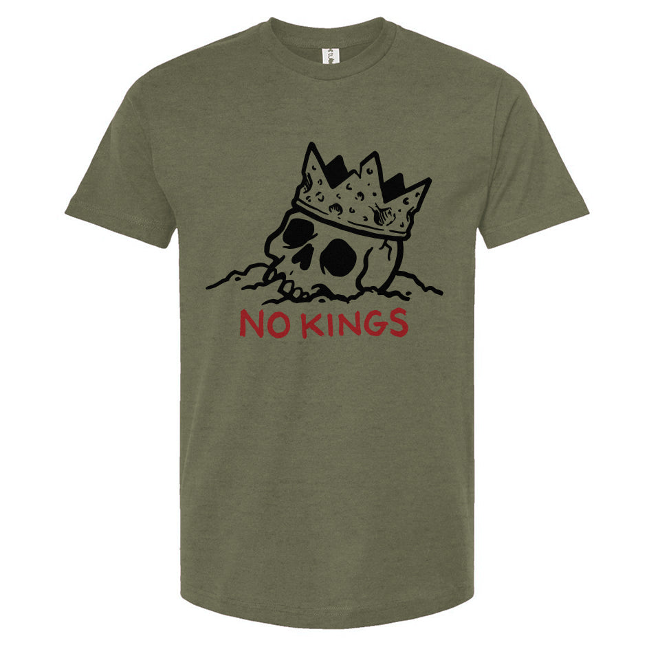 Green t-shirt with skull wearing a crown and 'No Kings' text on a white background