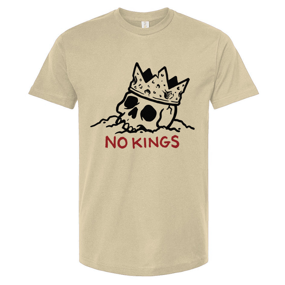 Beige t-shirt with a graphic of a skull wearing a crown and 'No Kings' text on a white background