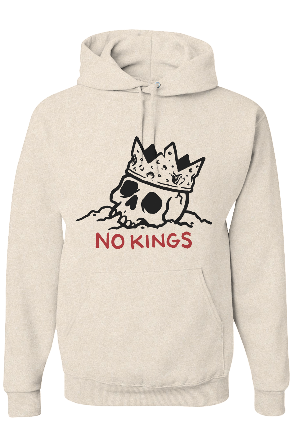 Oatmeal hoodie with skull and crown graphic and 'No Kings' text on a white background