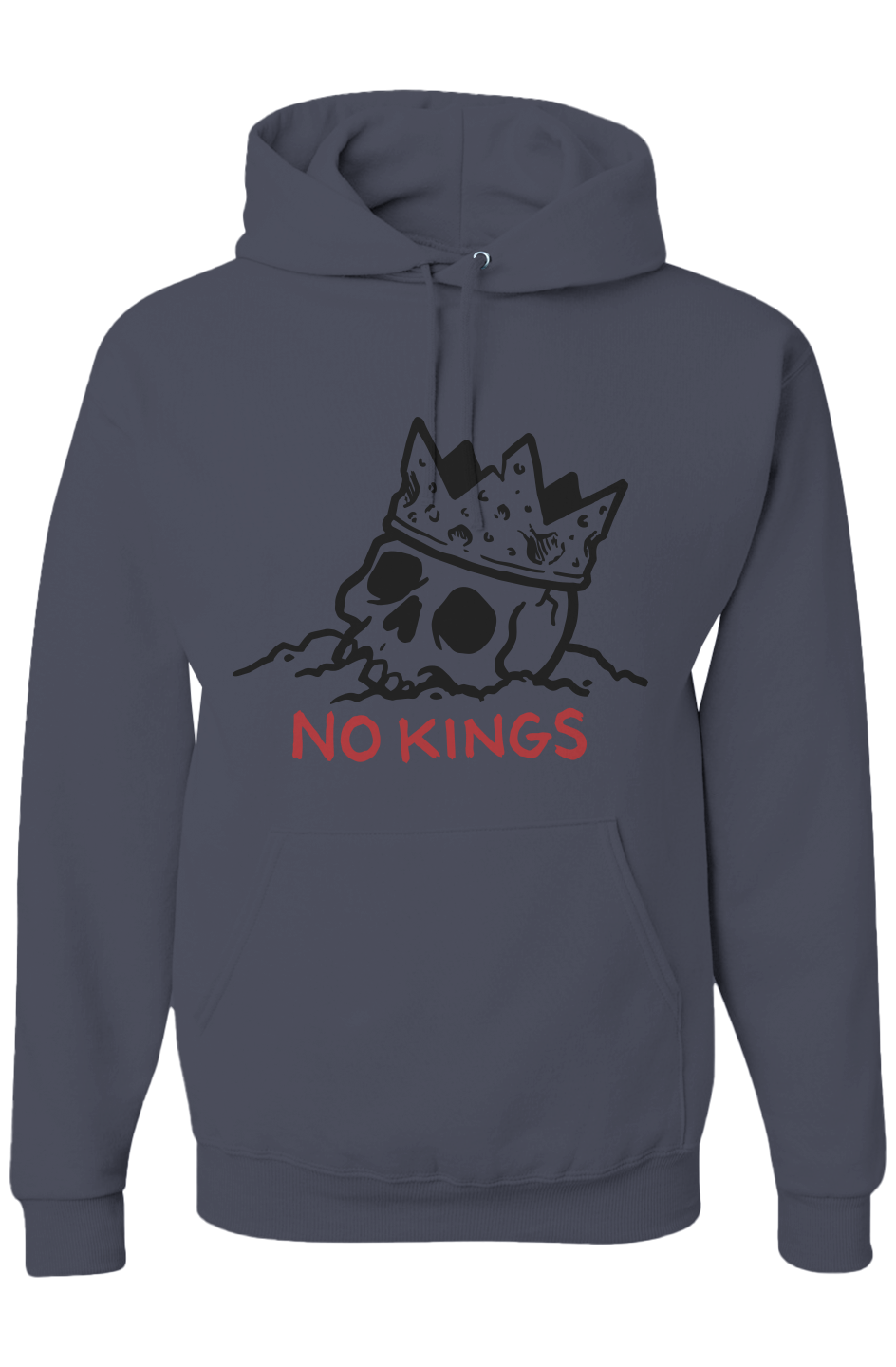 Navy blue hoodie with skull wearing a crown and 'NO KINGS' text on a white background