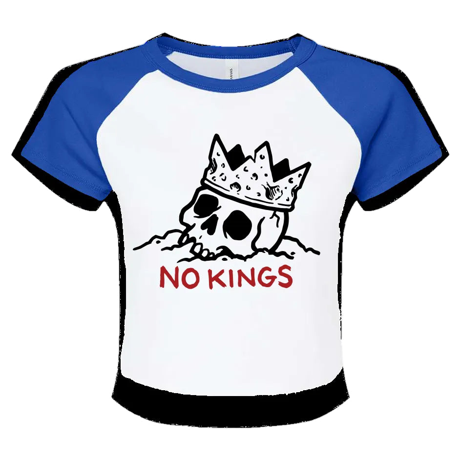 White and blue baseball shirt with skull and crown graphic and 'No Kings' text on a white background